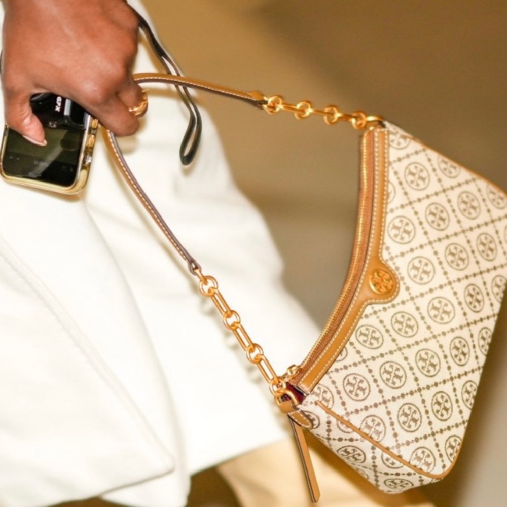NWT TORY BURCH T Monogram Studio Bag Hazelnut Woven Jacquard/Leather - Picture 3 of 9